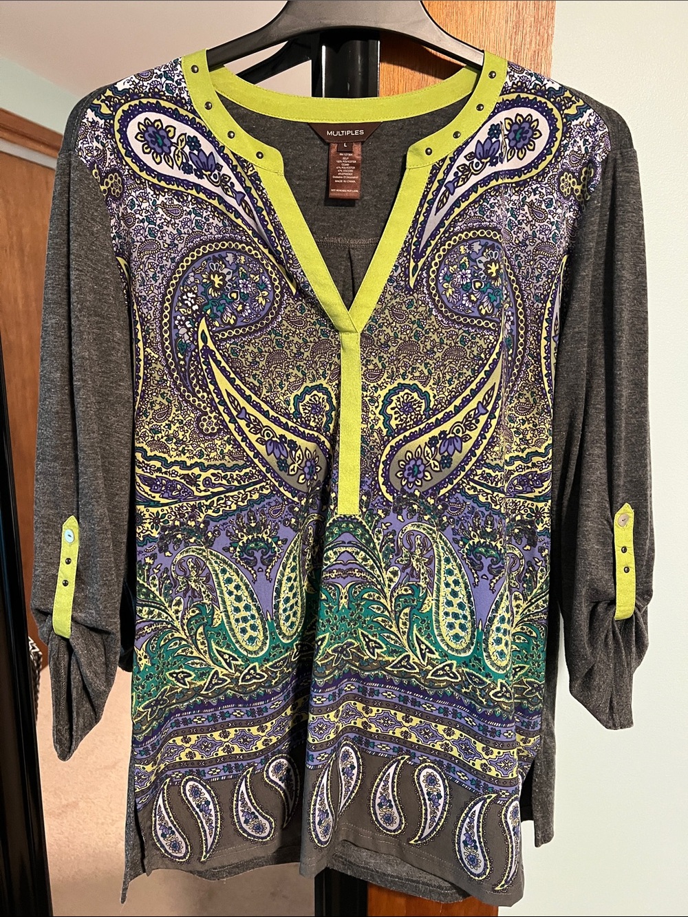 Multiples Charcoal Tunic with Lime Trim and Purple Paisley size L